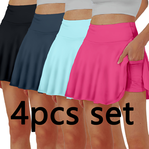 4 ensembles de pantalons-jupe de sport à taille régulière, anti-dévoilement, multicolores, jupe de tennis trapèze, poches, ensemble décontracté d'été, super offres - Product Image 1