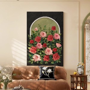 Peinture à l'huile peinte à la main, toile d'art floral vintage avec roses, décoration murale pour salon, fond de canapé, style minimaliste moderne - Product Image 1