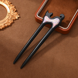 Épingle à cheveux double en bois style ancien, motif brocart culturel et créatif rétro en ébène, simple et haut de gamme, pour coiffure Hanfu - Product Image 3