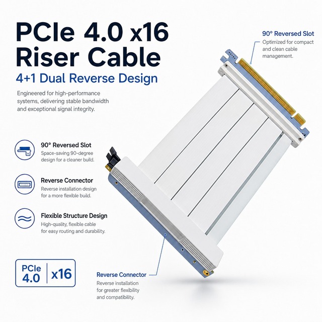 4+1 Double Reverse PCIe 4.0 X16 Riser Cable White 90 Degree GPU Extension Cord EMI Shielded Flexible Vertical Mount ITX