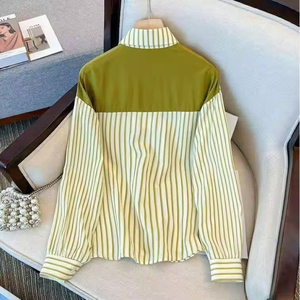 Camisa a Rayas Verde con Chal, Estilo Coreano, Holgada, de Manga Larga, para Mujer, Nueva Colección de Otoño - Product Image 2