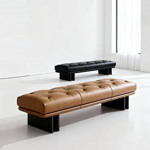 Genuine Leather Bench Tufted Design Solid <b>Wood</b> Base Bedroom Dressing Room <b>Stool</b> - Product Image 1