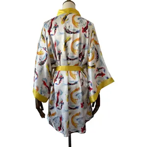 कस्टम डिजाइन मुद्रित लक्जरी शुद्ध रेशम charmeuse किमोनो बागे पोशाक महिलाओं विंटेज समुद्र तट कवर अप