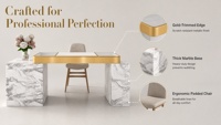 Table de manucure en marbre de luxe sur mesure avec cadre doré et chaise ergonomique rembourrée pour salon de beauté, magasin de vente au détail