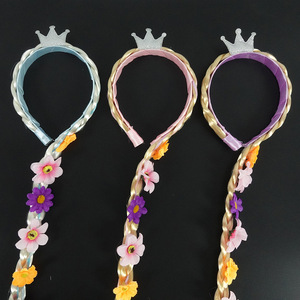 Kids Princess Wig <b>Braid</b> Headband Glitter Crown Flower Hair Hoop Elsa Cosplay Dress Up Costume Hair <b>Accessories</b> For Girls Party - Product Image 3