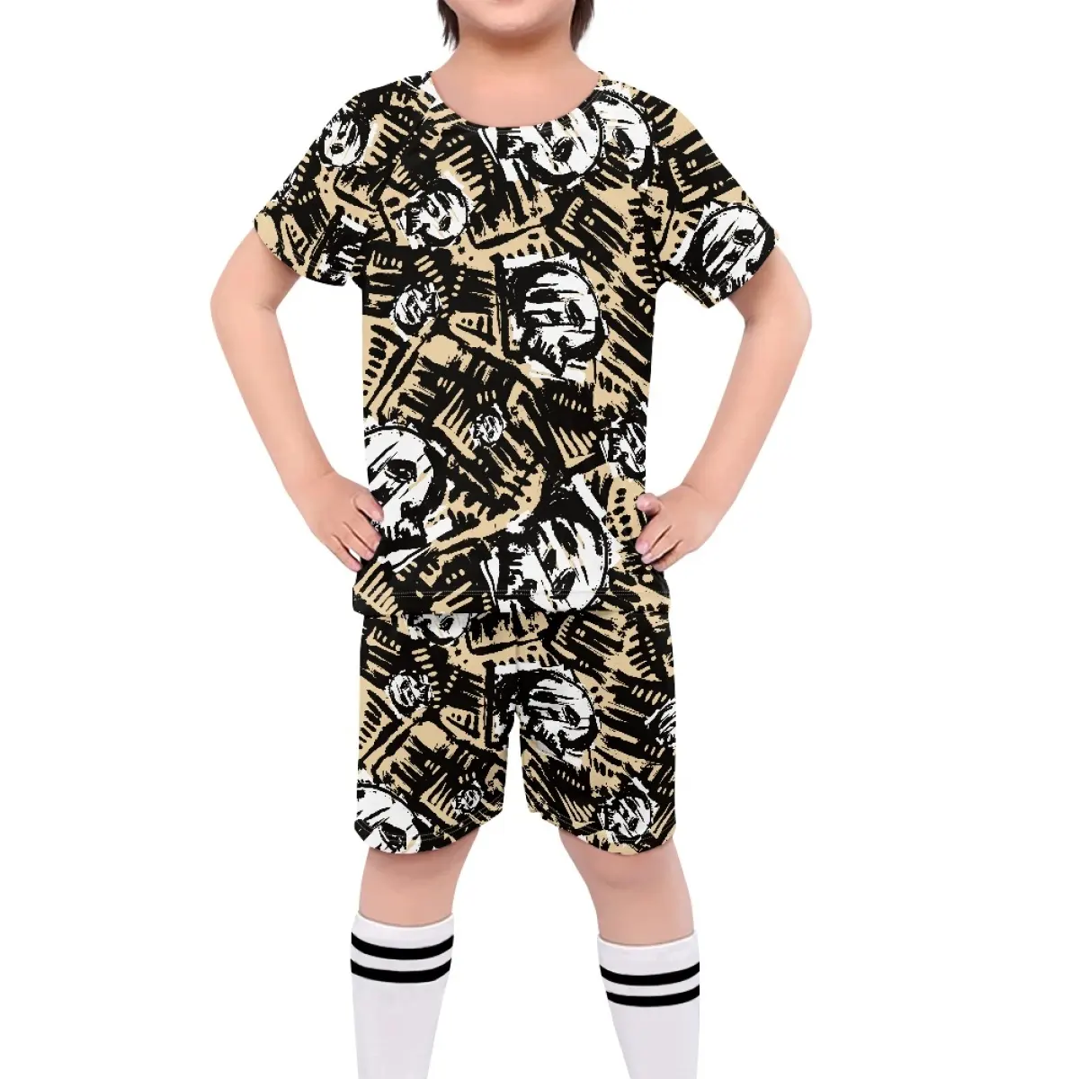 Setelan Baju Sepak Bola Anak Motif 3D, Setelan Baju Olahraga Anak Motif Tengkorak Menakutkan, Setelan Baju Sepak Bola Lengan Pendek 2 Potong