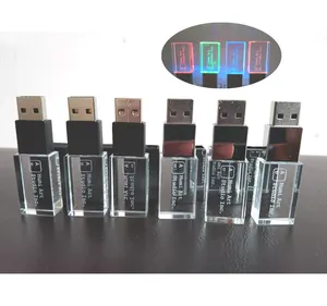 Özelleştirilmiş cam kryglass USB Flash bellek sopa 3D logo ile cristal kalem sürücü ve hediye hediyeler promosyonlar için renkli LED