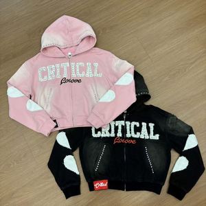 Sudadera con capucha de algodón grueso con cremallera, diseño desgastado y bordado, efecto descolorido por el sol, con remaches y lavado ácido, personalizada para invierno - Product Image 1