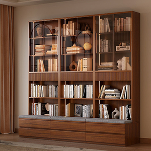 NKAHS Modern <b>Walnut</b> <b>Bookcase</b> With Glass Doors And Storage Bench Five Tier Living Room Cabinet Multifunctional Design - Product Image 1