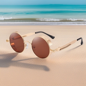 <b>Round</b> Metal <b>Sunglasses</b> Gold <b>Frame</b> UV400 Protection Unisex Outdoor Fashion Style - Product Image 1