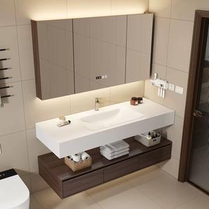 Minimally designed double-layer rock slab <b>rectangular</b> ceramic basin smart <b>mirror</b> bathroom cabinet - Product Image 3