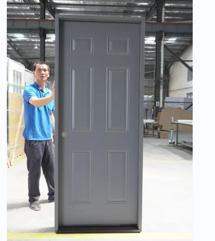 6 Panel gri kaplama çelik geleneksel l 36 "80" metal giriş kapısı