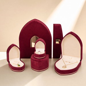 Zebopak Wine Red Velvet Arch Shape Jewelry Box Set with <b>Ring</b> Necklace Pendant Earring Gold Trim <b>Storage</b> Case Factory - Product Image 1