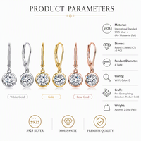 Boucles d'oreilles clous en moissanite, argent sterling 925, rondes 6,5 mm, 1 carat, fermeture à levier, VVS1, couleur D, 3 couleurs