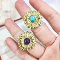 Bagues en améthyste et lapis-lazuli de style bohème, pierres précieuses naturelles, design fleur de marguerite en or 18 carats, cadeau de fiançailles ou d'anniversaire pour femme ou unisexe