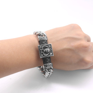 yunnique Men's Punk Skull <b>Bracelet</b> Tibetan Silver Chain <b>Leather</b> Cord Magnetic Clasp Design - Product Image 4