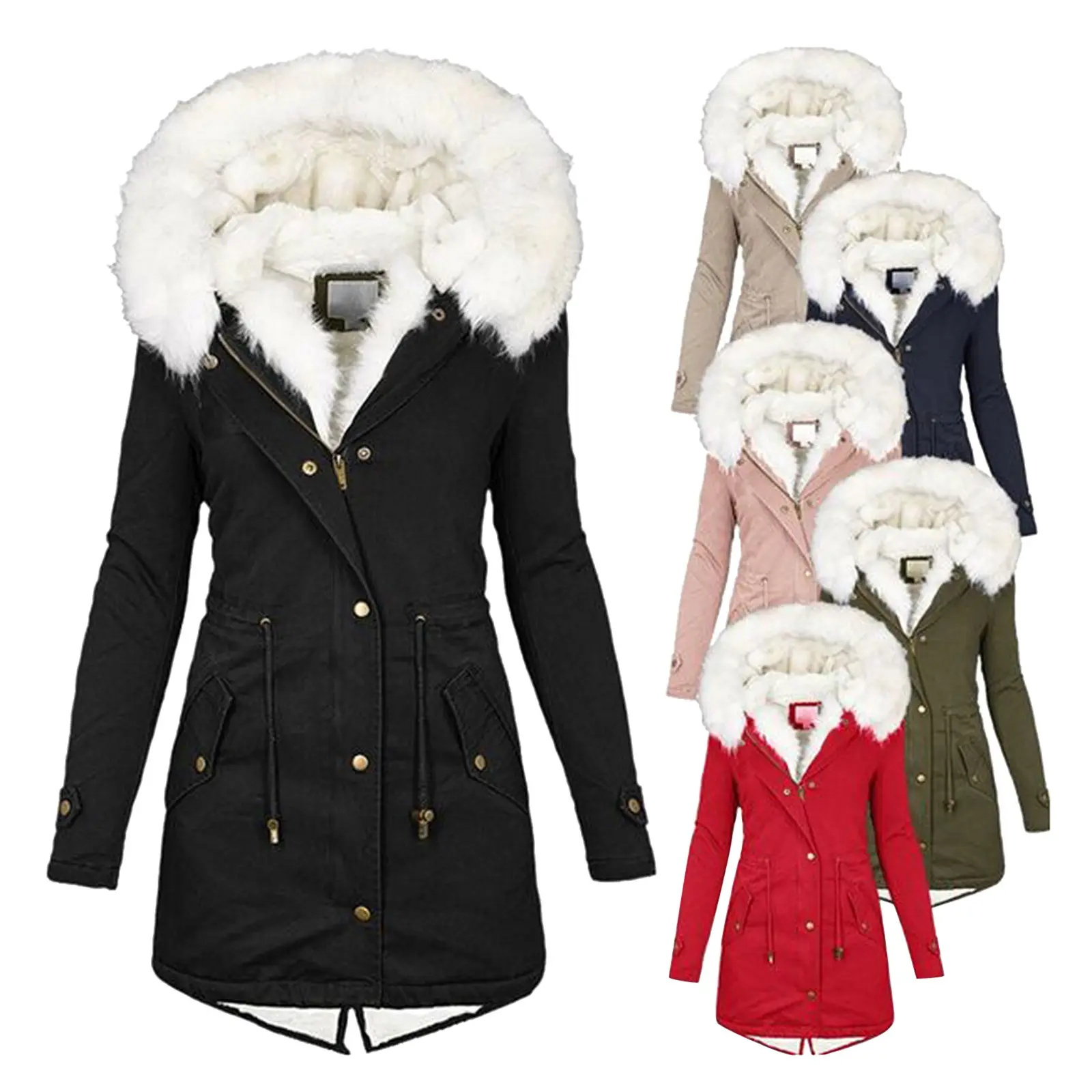 Women's autumn and winter long trench coat white fur collar hooded warm and velvet overcoat