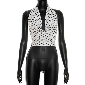 Top corto halter de <span class=keywords><strong>lunares</strong></span> para mujer, sexy, con cuello en V, hombros descubiertos, sin espalda y con cordones, ajustado - Product Image 5