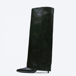 Sexy Thin High Heel Pointed Toe Shoes Stiletto Pants <b>Boots</b> Women's Folded Over Knee High Black Big Size 35-43 - Product Image 1