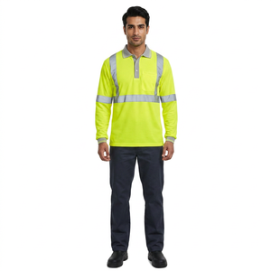 Camiseta Polo de Alta Visibilidad con Mangas Largas, Estampada, Formal, para Trabajo de Construcción, Estilo Sólido, con Franjas Reflectantes, Hecha de Poliéster - Product Image 1
