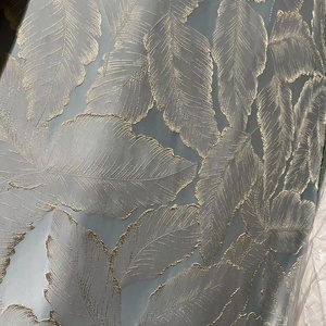 고급스러운 하이 퀄리티 골드 블루 리프 자카드 커튼 3D 식물 패턴 정전 창 커튼 - Product Image 3
