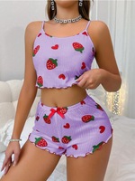 Ensemble deux pièces short à bretelles imprimé cœur en soie de lait, tenue de détente sexy, très vendu