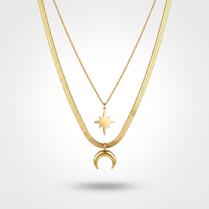 QIAOREN 13508 Collana con Ciondolo a Stella e Luna Crescente a Due Strati, con Catena Mista a Serpente Piatto e Cavo Sottile, Collana Delicata in Oro - Product Image 1