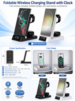 Station de charge sans fil pliable HYTO 3 en 1 avec réveil numérique, chargeur sans fil rapide 15W pour téléphone, montre et écouteurs