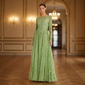 Robe de soirée longue en mousseline de soie faite à la main, col rond, coupe trapèze, manches longues, pour femme, style confortable et élégant - Product Image 5