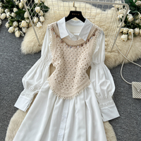 Ensemble deux pièces d'été pour femme : Robe midi élégante à col revers et manches bouffantes en crochet patchwork, idéale pour le bureau