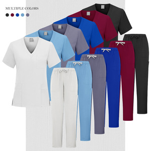 Women Scrub Set V-Neck Top And Drawstring Pants Moisture Wicking Knitted Hospital Uniforms Solid Color Split Set - Product Image 1