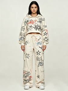 Leduo customized Women <b>Star</b> Graffiti Print Hoodie Set Short Hooded <b>Top</b> Loose Cargo Pants Streetwear - Product Image 1