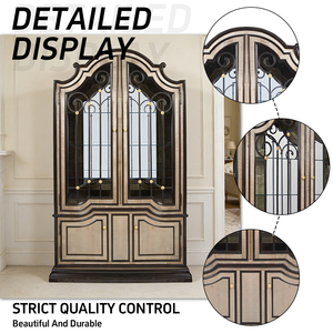 Meuble européen de style vintage, armoire à vin haute en bois, finition laquée noire et placage bois, vitrine pour salon - Product Image 2