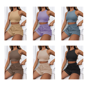 เครื่องแต่งกายแนวสตรีทแบบลำลองสำหรับฤดูร้อนชุด2ชิ้นเสื้อครอปแขนกุดแบบถักเซ็กซี่<span class=keywords><strong>สี</strong></span>พื้น - Product Image 2