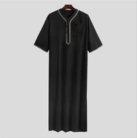 Robe longue musulmane à manches courtes pour homme, col en V, brodée, Kaftan islamique, Jubba arabe, Jalabiya, robe de prière marocaine