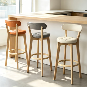 Taburete Alto Moderno <span class=keywords><strong>de</strong></span> <span class=keywords><strong>Madera</strong></span> Maciza con Respaldo, Ecológico, para Uso Comercial en Cafeterías y Restaurantes - Product Image 2