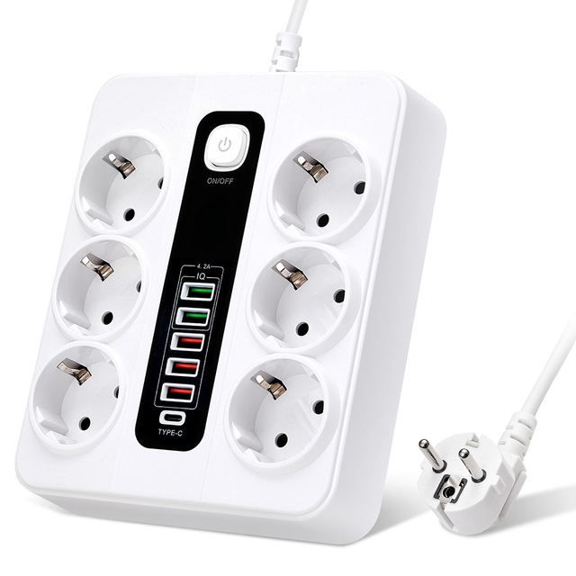High-Capacity 6 AC Outlet Extension Power Strip 2M Cable 10A 250V 3000W Surge Protector EU Plugs Sockets Multi-Strip Line Board
