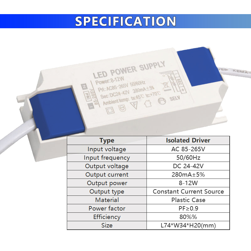 HWWGSH 8-12W 300mA LED Driver, AC 85-265V Output 27-42V DC Male - View #5