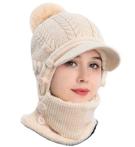 Bonnet tricoté torsadé pour femme avec <span class=keywords><strong>masque</strong></span> facial amovible et cache-cou, bonnet d'hiver à pompon avec visière - Product Image 4
