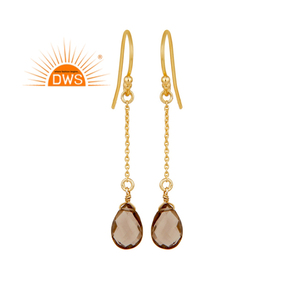 Handcrafted Smoky Quartz Gemstone <b>Earrings</b> Indian Gold Plated Jewelry Designer 925 <b>Silver</b> <b>Chain</b> Drop <b>Earrings</b> Manufacturer - Product Image 1