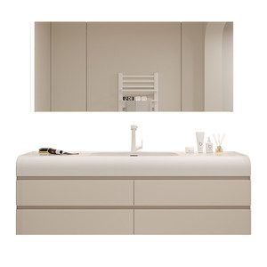 Meuble-lavabo flottant blanc crème moderne, armoire en bois massif avec miroir LED intelligent, lavabo intégré - Product Image 5