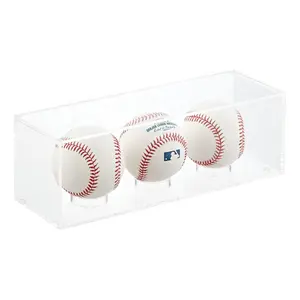 Caja de soporte de almacenamiento de exhibición de 3 pelotas de béisbol de acrílico transparente rectangular de escritorio para tienda