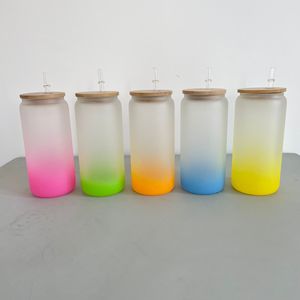16oz 20oz Ombre Color Wide Mouth <b>Reusable</b> Smoothie <b>Cup</b> Blank Sublimation Frosted Glass Can Tumblers <b>with</b> Bamboo <b>Lid</b> and Straw - Product Image 2