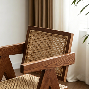 <b>Vintage</b> Rattan Woven Armchair, Solid Wood <b>Frame</b> Dining Chair, Ergonomic Side Chair for Living Room Kitchen - Product Image 5