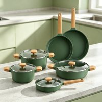 Nouvel ensemble de batterie de cuisine moderne en aluminium, revêtement antiadhésif marbre vert, comprenant casserole, poêle et faitout, compatible gaz et induction