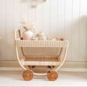 Chariot à thé tissé pour enfants jouet en rotin naturel fait à la main élégant Montessori semblant jouer chariot jouet écologique pour enfants - Product Image 1