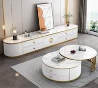 Ensemble table basse et meuble TV de luxe nordique pour salon, plateau en pierre, mobilier moderne, structure en acier doré