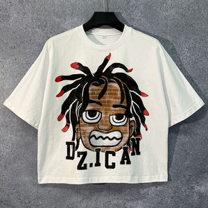 T-shirt à col rond de haute qualité, fabricant de vêtements de rue, t-shirt surdimensionné lourd avec strass, t-shirt en coton, t-shirt ample et court - Product Image 1