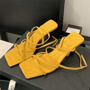 รองเท้าส้นสูงแบบเปิดนิ้วเท้าสำหรับผู้หญิง สายรัดแบบผูกเชือก หัวเหลี่ยม ส้นเข็ม ระบายอากาศได้ดี รองเท้าแฟชั่นฤดูร้อน - Product Image 3