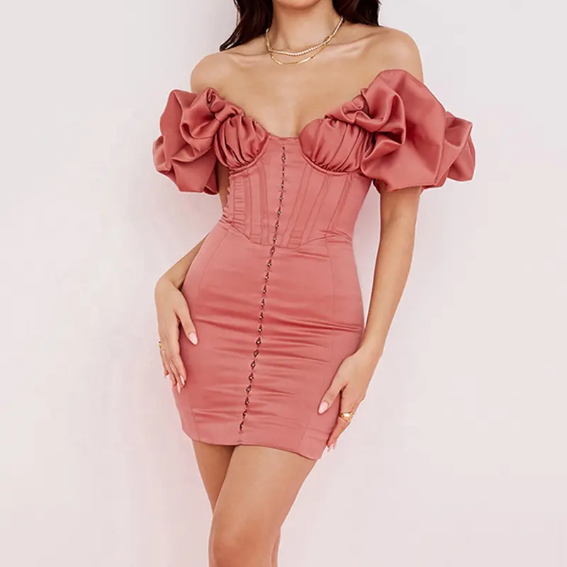 Highly Customized Women Clothing Custom Fashion Wholesale Rose Satin Ruffle Strapless Dress